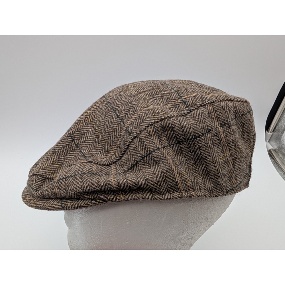 George Mens Brown Herringbone Plaid Wool Blend Flat Cap Driver Hat S-M